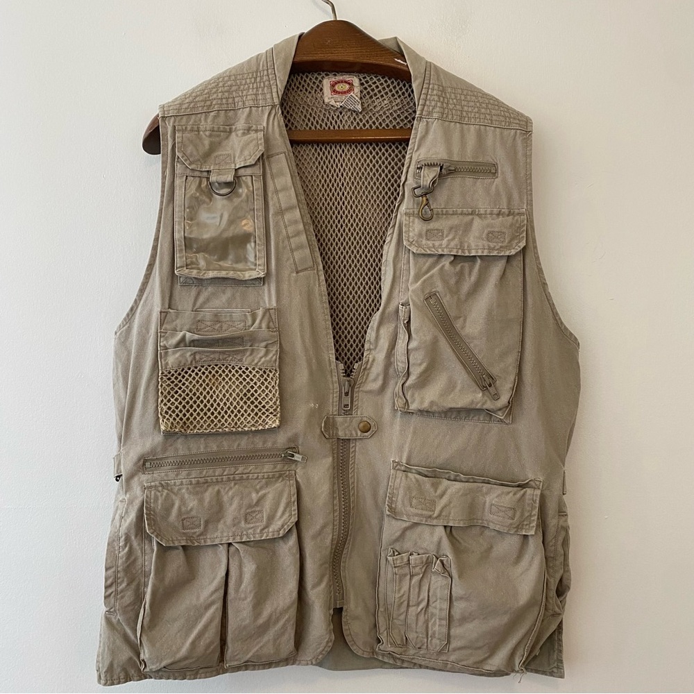 Vintage Banana Republic cargo vest large khaki pockets fishing photography mesh